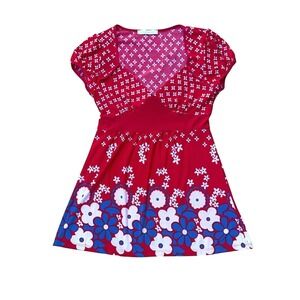 VTG Y2K Babydoll Top XS/S Red Mod Puff Sleeve Empire Waist Indie Sleaze Retro